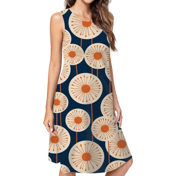 Orange Dandelions Navy Blue Background Dress Loose Women'S Dress Beach Dresses With Pockets Dresses For Womens