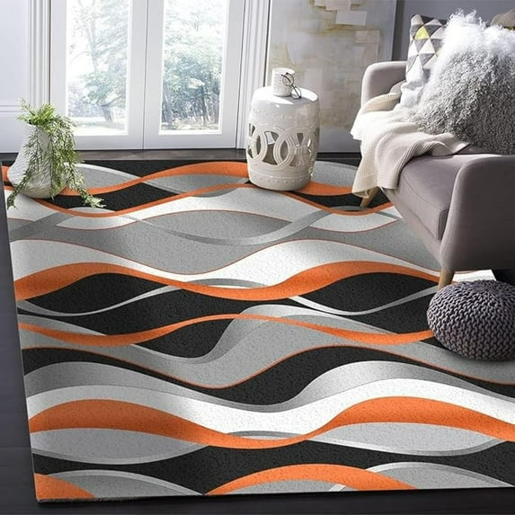 Orange Dark Gray Water Waves Area Rug, Abstract White Geometric Irregular Stripes Machine Washable Area Rugs, Washable Breathable Durable Carpet For Front Entrance Floor Decor 5x7ft
