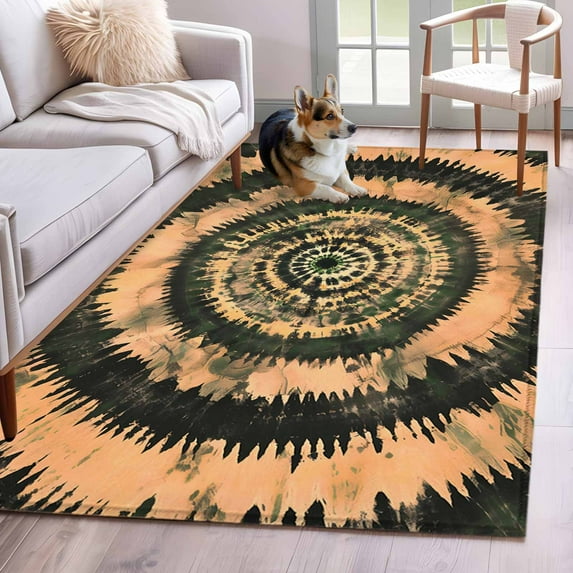 Orange Dark Green Area Rug 3x5 Washable Rug Non Slip Watercolor Abstract Art Ethnic Large Area Rug Indoor Floor Carpet for Entryway Bedroom Kitchen Living Room Home Office Dining Room Nursery