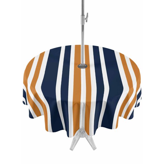 Orange Dark Round Outdoor Tablecloth with Umbrella Hole Blue Striped Minimalist Contrast Vertical Stripes 54 Inch Round Waterproof Table Cover Zippered Table Cloth for Garden Patio