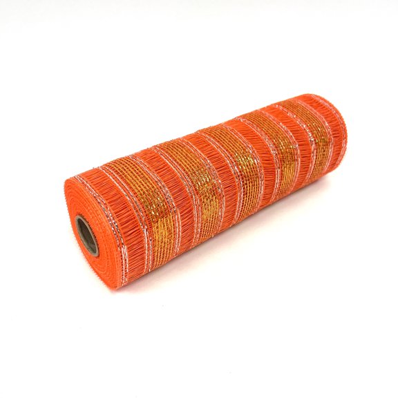 Orange - Deco Mesh Eyelash Metallic Stripes - (10 Inch x 10 Yards)
