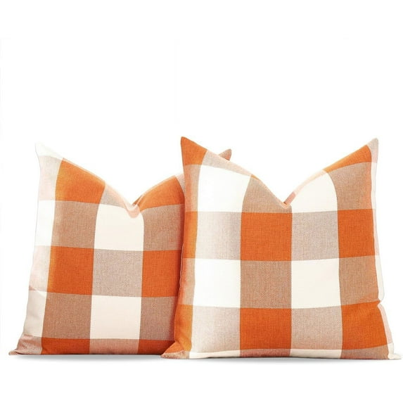 Orange Decorative Couch Pillows Farmouse Buffalo Plaid Fall Pillow Covers 18x18 Set of 2 Fall Outdoor Decor Linen Throw Pillows 18 x 18 for Sofa Porch Patio and Yard