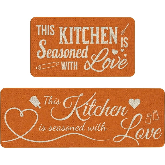 Orange Decorative Kitchen Mats Set of 2, Fall Anti Fatigue Waterproof Stain Resistant Floor Rug Thanksgiving Non Slip Cushioned Floor Mat - 17x29 and 17x47 Inch