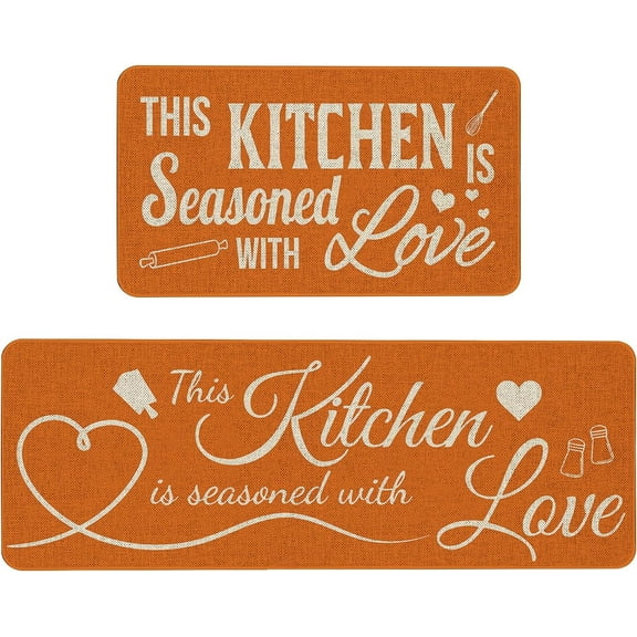 Orange Decorative Kitchen Mats Set of 2, Fall Anti Fatigue Waterproof Stain Resistant Floor Rug Thanksgiving Non Slip Cushioned Floor Mat - 17x29 and 17x47 Inch