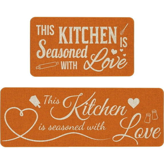 Orange Decorative Kitchen Mats Set of 2, Fall Anti Fatigue Waterproof Stain Resistant Floor Rug Thanksgiving Non Slip Cushioned Floor Mat - 17x29 and 17x47 Inch