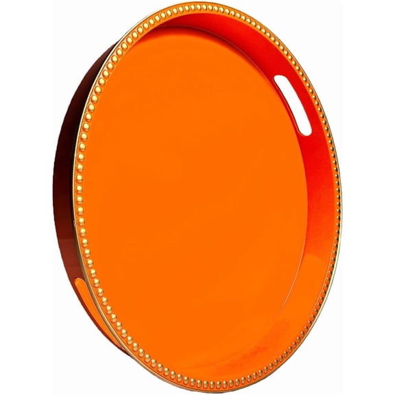 Orange Decorative Tray for Coffee Table, Round Beaded Plastic Serving Tray forKitchen Counter, Ottoman, Living Room,(13")