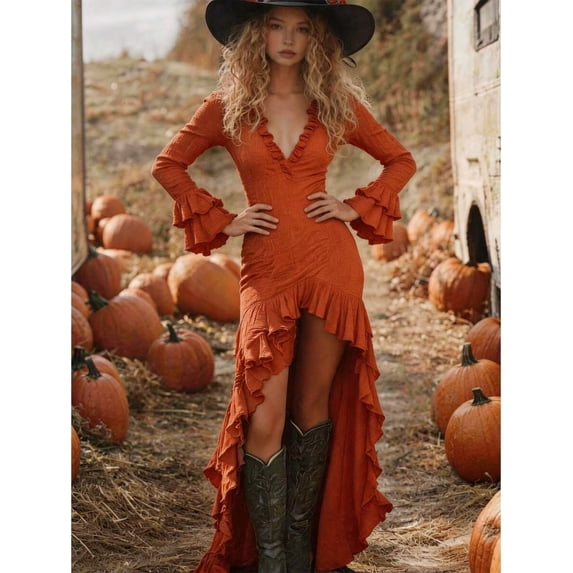 Orange Deep V-Neck Ruffle Hem Asymmetrical Long Sleeve Maxi Dress