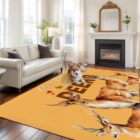 Orange Deer Area Rugs 5x7 ft Wildlife Animals Rustic Farmhouse Elk Rustic Farmhouse Washable Rug Non Slip Indoor Carpet Absorbent Floor Mat for Living Room Bedroom Dining Room