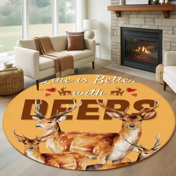 Orange Deer Round Area Rug 6Ft Washable Circle Rugs for Bathroom Office, Wildlife Animals Rustic Farmhouse Elk Non-Slip Carpet Floor Mats Indoor Outdoor Carpet Runner Aesthetic Home Decor