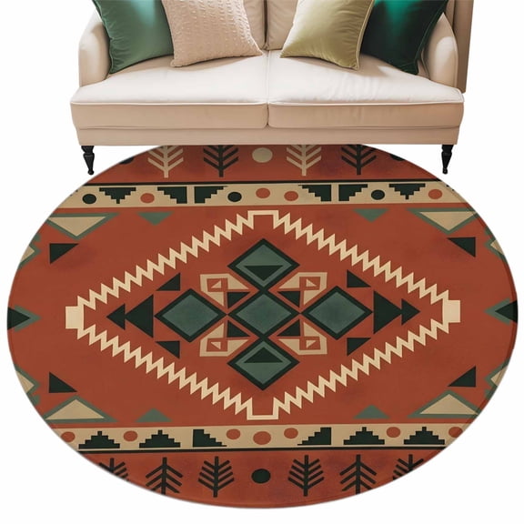 Orange Diamond Center Round Living Room Rugs 6 ft, Earthy Brown Woven Texture Pine Tree Border Washable Area Rug with Non-Slip Sturdy Edge Binding Round Carpet for Kitchen Office Bedroom