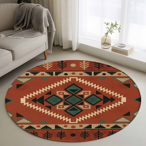 Orange Diamond Center Round Rug 4Ft Earthy Brown Woven Texture Pine Tree Border Circle Area Rugs Washable Non Slip Indoor Floor Mats Carpet for Living Room Bedroom Dining Room Home Decor