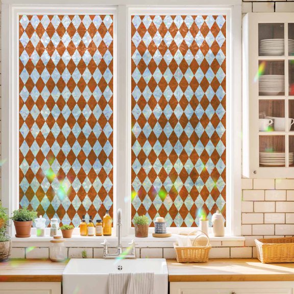 Orange Diamond Plaid Window Privacy Film White Geometric Check Abstract Modern Static Cling Stained Glass Window Film Non-Adhesive Decorative Decals Rainbow Sticker 17.7"X39.3"