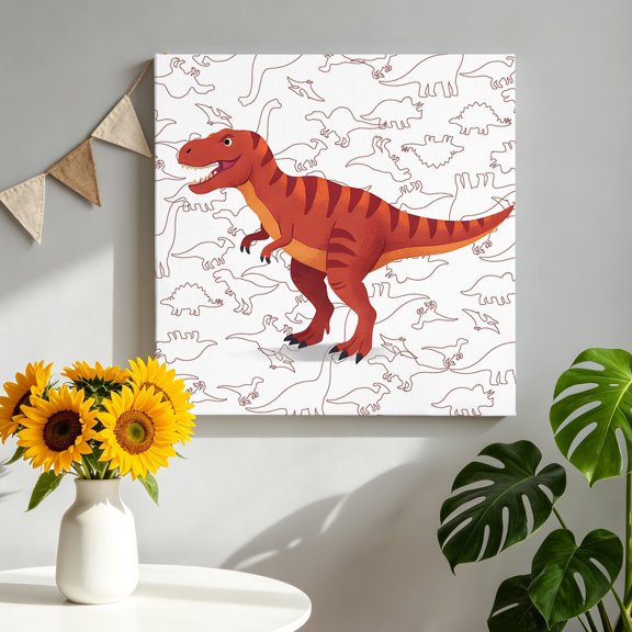 Orange Dinosaur Canvas Wall Art, Sketching Edges Dinosaur Cartoon Animal Framed Canvas Wall Decor Picture Print Artwork Decorations for Living Room Office Ready to Hang 8" x 8"