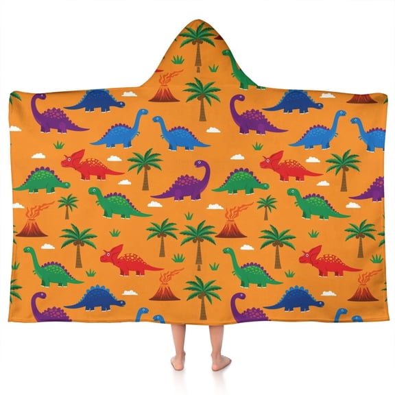 Orange Dinosaur Volcano Pattern Hooded Bath Towel，50"x30" for Ages 3 To 12 Kids, Quick Dry Lightweight Soft Microfiber Hood Beach Towel Cover Up for Kids