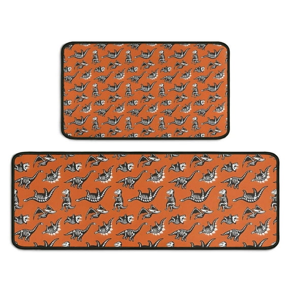 Orange Dinosaurs Skeletons Pattern Kitchen Rugs Sets Of 2,Anti Fatigue Kitchen Mat Rugs Non Slip Washable,Decorative Kitchen Floor Mats for Kitchen,Sink,Laundry,17"X30"+17"X47"