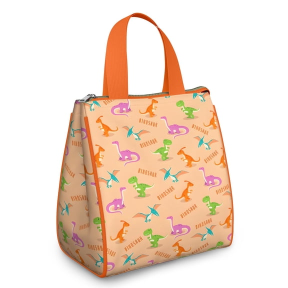 Orange Dinosaurs Text Pattern Insulated Lunch Bag for Women & Adults,Large Portable Soft Cooler Lunch Bag,Thermal Food Storage Tote with Pearl Cotton,8.66L,8.75x5.75x9.5 Inch