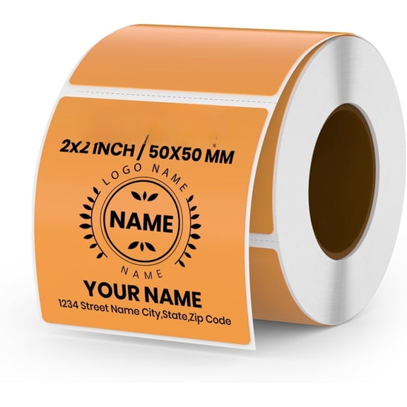 Orange Direct Thermal Labels Vinyl 2 x 2 Inch Self-Adhesive Square Stickers Roll Printer Name Tag for QR Code DIY Office Address 500 count