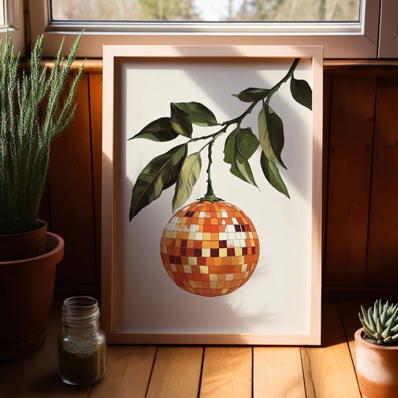 Orange Disco Ball Citrus Wall Art Funky Bar Cart Decor, Unframed Canvas Size 8x12
