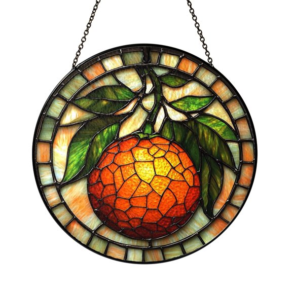 Orange Disco Ball Fruit Stained Glass Style Suncatcher Window Hanging, Funky Citrus Inspired Decorative Panel Ornament for Kitchen Window Decor, Colorful Retro Fruit Theme Home Decoration Gift