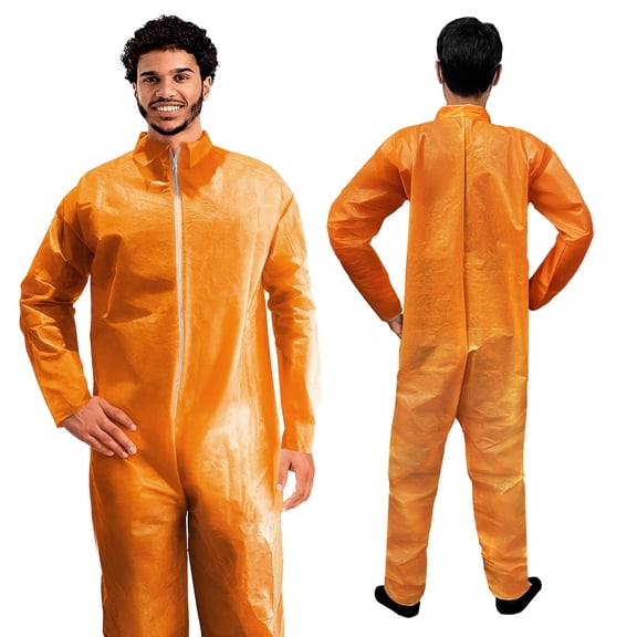 Orange Disposable Coveralls for Men & Women, Large. Pack of 25 Hazmat Suits Disposable. Breathable PP+PE 40 GSM Work Coveralls. Paint Suit with Open Wrists, Ankles, Front Zipper