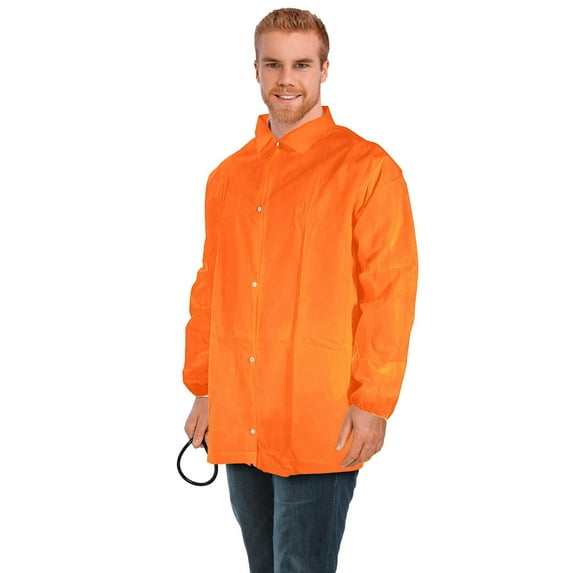 Orange Disposable Lab Jackets for Adults, Large. Pack of 30 Polypropylene Disposable Jacket Lab Coat with Elastic Wrists, Snap Front, Collar. Durable Lightweight Disposable Medical Jackets