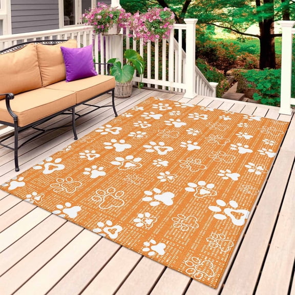 Orange Dog Paw Outdoor Rug for Patio/Deck/Porch, Non-Slip Large Area Rug 3 x 5 Ft, Modern Geometric Abstract Aesthetics Indoor Outdoor Rugs Washable Area Rugs, Reversible Camping Rug Carpet Runner