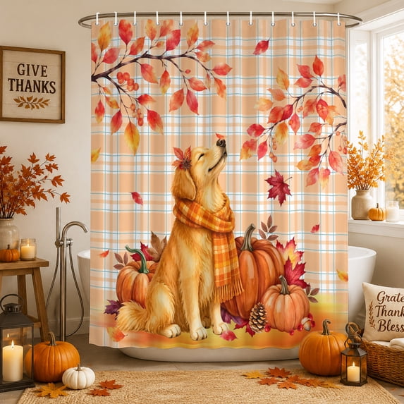 Orange Dogs Fall Shower Curtains for Bathroom, Maple Leaves Pumpkins Thanksgiving Checked Waterproof Fabric Shower Curtain, Decorative Bathroom Curtain for Bathtub, 36"x72", No Hooks Included