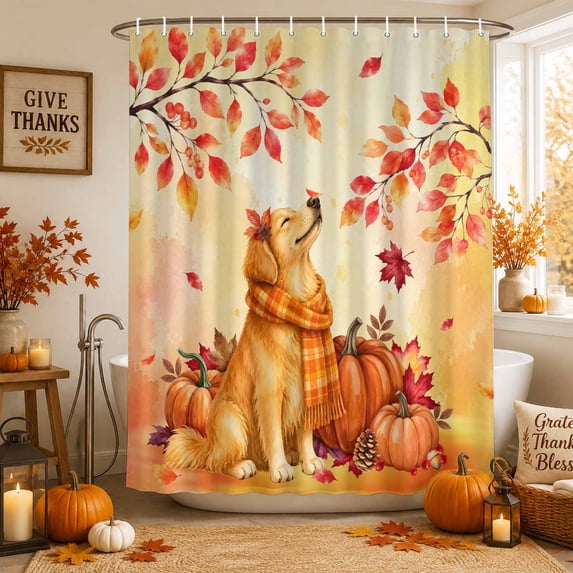 Orange Dogs Fall Shower Curtains for Bathroom, Maple Leaves Pumpkins Thanksgiving Waterproof Fabric Shower Curtain, Decorative Bathroom Curtain for Bathtub, 72"x72", No Hooks Included