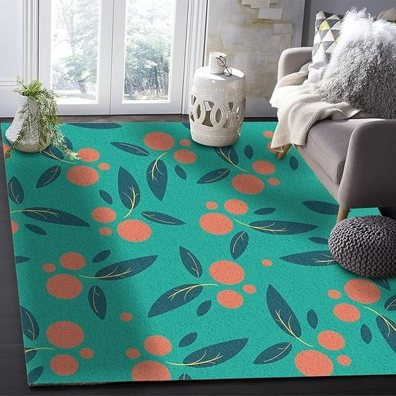 Orange Dots Turquoise Leaf Area Rugs, Vintage Big Flower Botanical Soft Washable Carpet, Upholstery Rug With Non-Slip Backing For Kids Boys Girls Bedroom Living Room Dining Room 5 x 8ft