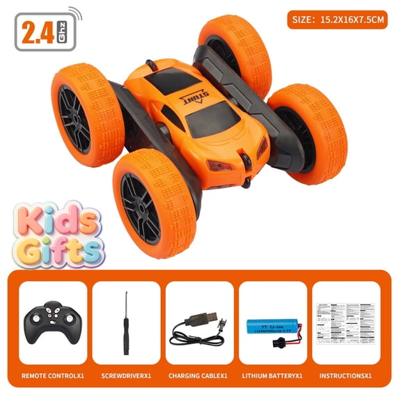 Orange Double Sided 360 Flip RC Stunt Car, Remote Control Off Road Drift Vehicle with LED Headlights, 2.4G Anti-Interference Rechargeable Toy, Christmas Birthday Gift for Kids Boys Girls Ages 6+