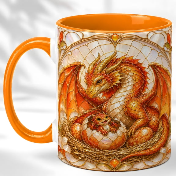 Orange Dragon Coffee Mug, Stained Glass Dragon Mug, Ceramic 11 oz