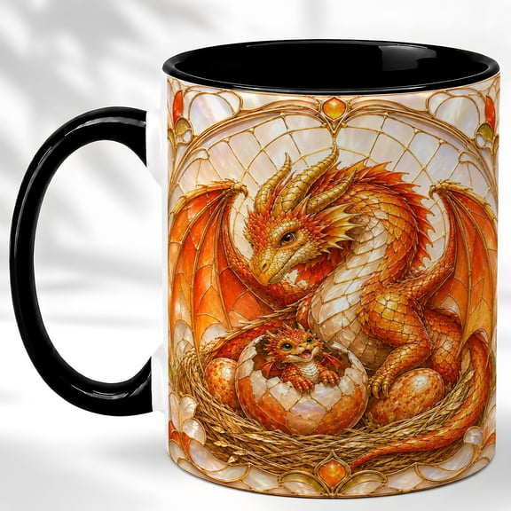 Orange Dragon Coffee Mug, Stained Glass Dragon Mug, Ceramic 11 oz
