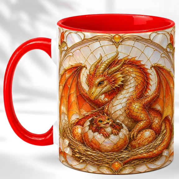 Orange Dragon Coffee Mug, Stained Glass Dragon Mug, Ceramic 11 oz