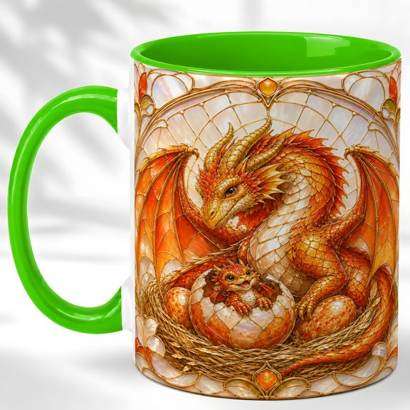 Orange Dragon Coffee Mug, Stained Glass Dragon Mug, Ceramic 11 oz
