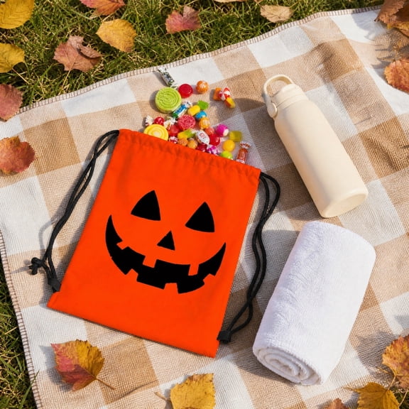 Orange Drawstring Backpack with Pumpkin Face, Polyester Convertible Shoulder Bag, Halloween Trick-or-treat Candy Sack for Fall Parties, Lazyguy