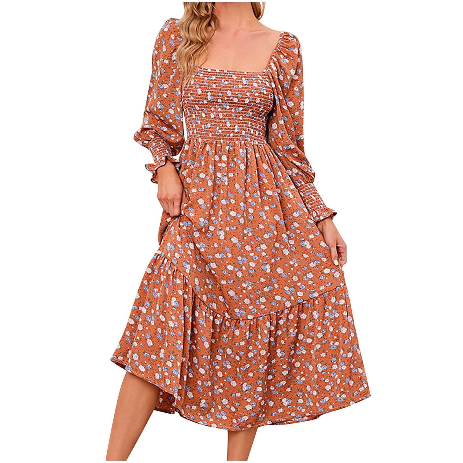Orange Dresses for Women Puff Long Sleeve Printing Floral Pattern Holiday  Dress Square Neck Fit And Flare Trendy Vacation Casual Sun Dress Maxi  Fashion Daily A-Line Blouse Pleated Swing Hem Dress