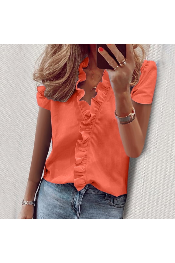 Womens Tops Dressy Casual Women'S Summer Ruffle V-Neck Short Sleeve Solid Print T-Shirt Top Casual Tops For Women Orange