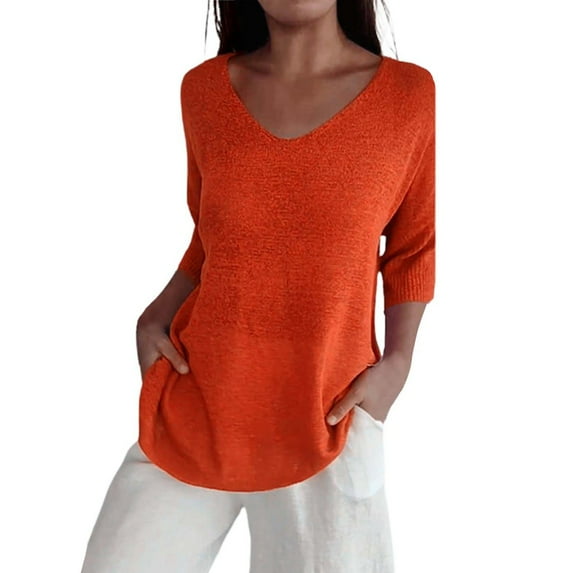 Orange Dressy Tops for Women, 3/4 Sleeve Spring Clothes for Women 2024, Weekend Cotton Popular Womens Clothes 2024, Womens Short Sleeve Sweaters Tops V Neck Pullover Knit Shirts Loose Blouses