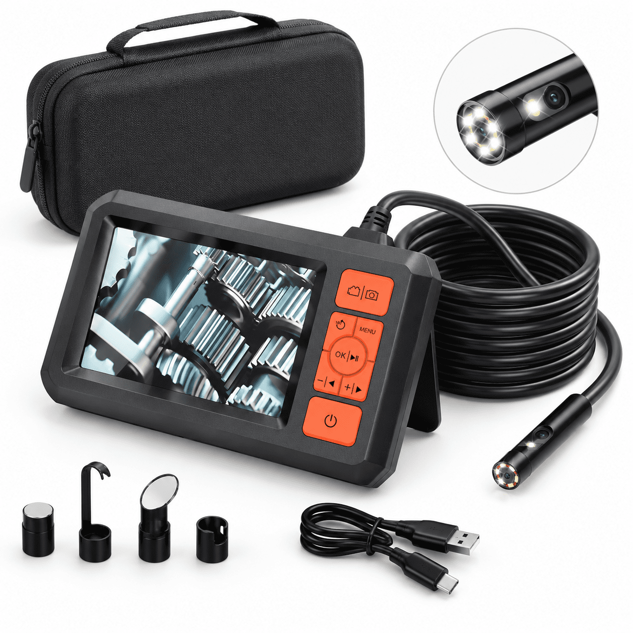 Somi Rigid Orange Dual Lens Borescope Camera with Light, 16.5ft Semi-Rigid Cable ...