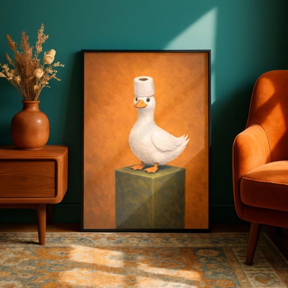 Orange Duck Bathroom Wall Art Animal Print Vintage Decor Quirky Home Artwork Toilet Paper Art Unique Gift Idea, Unframed Paper Print