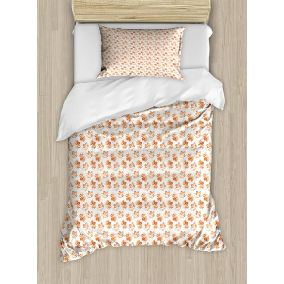 Orange Duvet Cover Set, Autumn Pattern with Repeating Leaves in Tangerine Tones, Decorative 2 Piece Bedding Set with 1 Pillow Shams, Twin Size, Burnt Orange Marigold, by Ambesonne