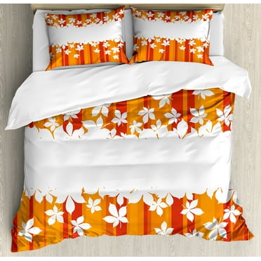 Orange Duvet Cover Set, Autumnal Color Vertically Striped Backdrop with Little Wildflowers Border, Decorative 3 Piece Bedding Set with 2 Pillow Shams, Calking Size, Orange Marigold White, by Ambesonne