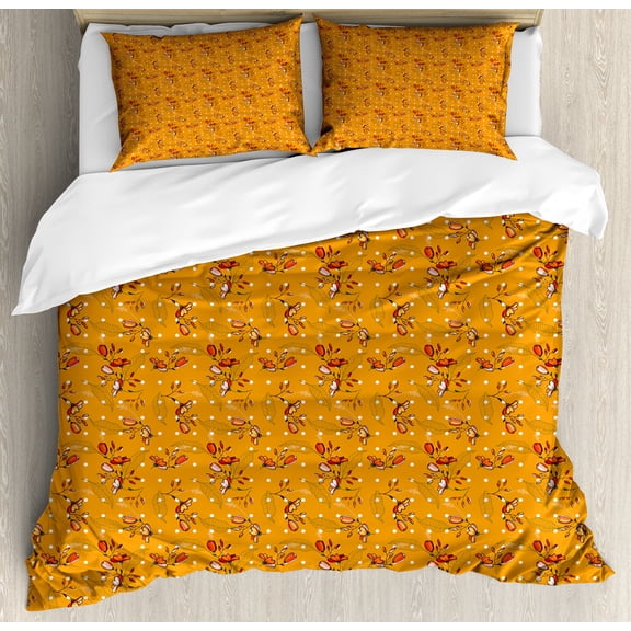 Orange Duvet Cover Set, Botanical Blooms Buds in Fall Petals on White Polka Dots Background, Decorative 3 Piece Bedding Set with 2 Pillow Shams, Queen Size, Marigold and Pale Vermilion, by Ambesonne