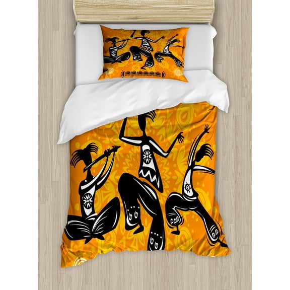 Orange Duvet Cover Set, Dancer with Poly Rhythm Total Body Articulations Design Warm Colored Print, Decorative 2 Piece Bedding Set with 1 Pillow Shams, Twin Size, Orange and Black, by Ambesonne