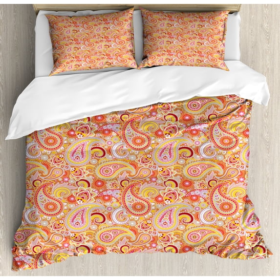 Orange Duvet Cover Set, Design Elements Traditional Paisley Floral Pattern Swirls Leaves Motif, Decorative 3 Piece Bedding Set with 2 Pillow Shams, Calking Size, Multicolor, by Ambesonne