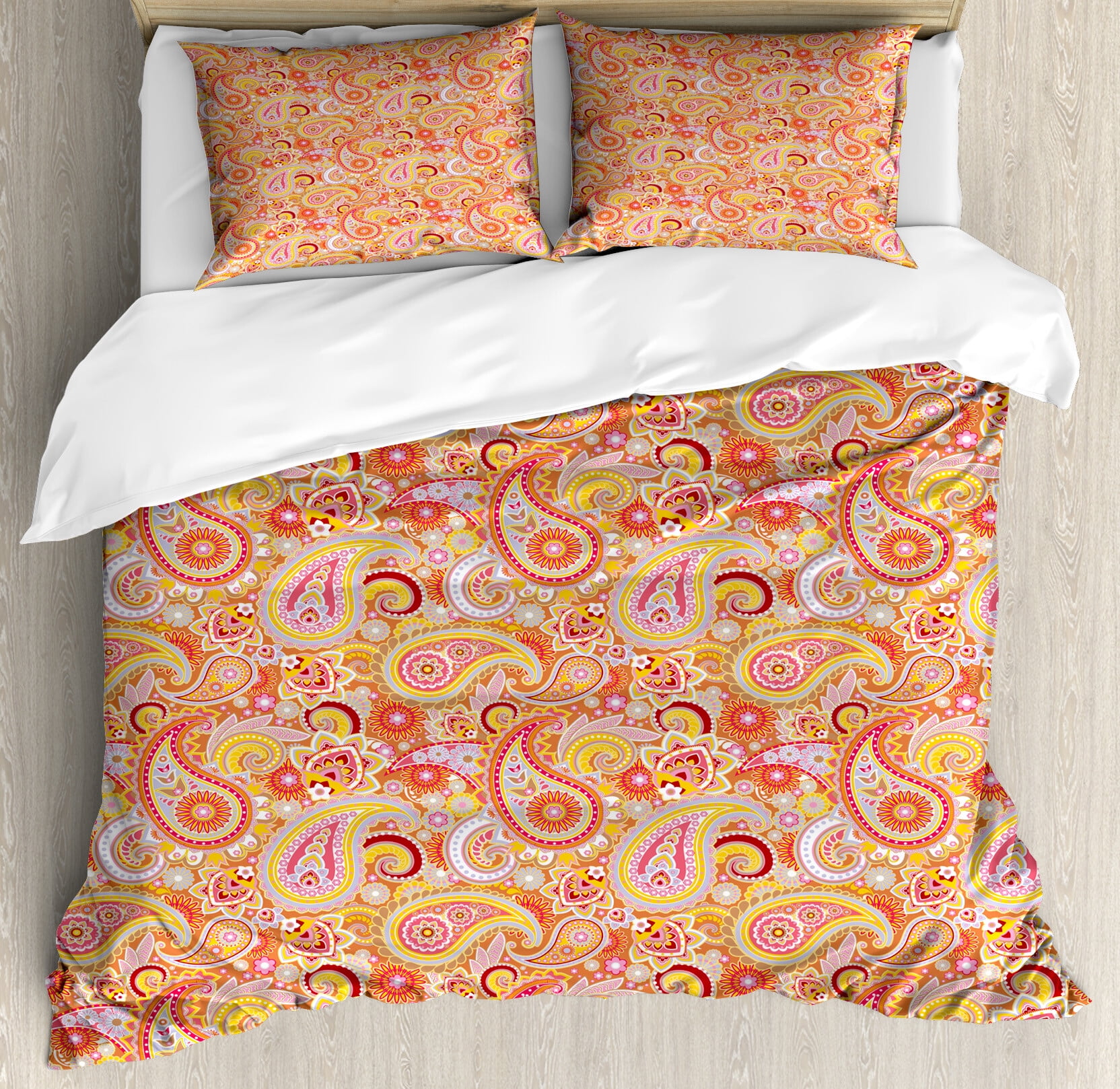 Queen Size Orange Paisley Floral Duvet Cover Set