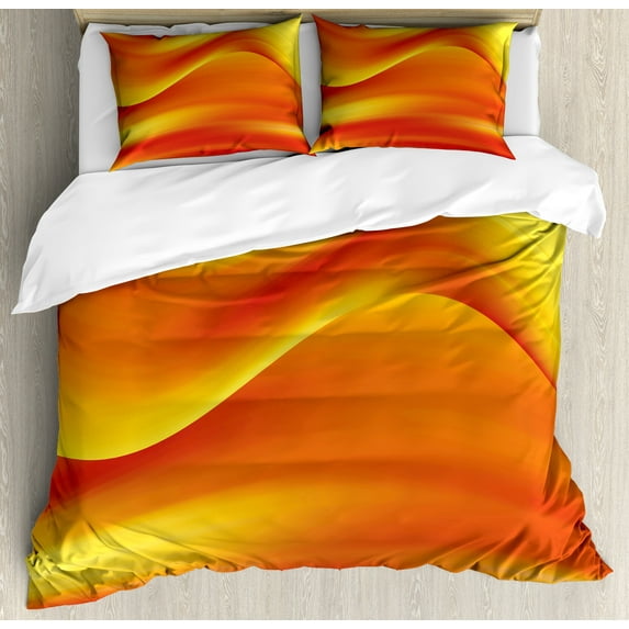 Orange Duvet Cover Set, Digital Waves with Different Tones with Motion Effect Smooth Hot Lines Art Print, Decorative 3 Piece Bedding Set with 2 Pillow Shams, Queen Size, Burnt Orange, by Ambesonne