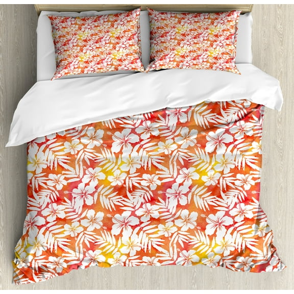 Orange Duvet Cover Set, Fantasy Watercolor Backdrop with White Hibiscus Blossoms Leaves Aloha Jungle, Decorative 3 Piece Bedding Set with 2 Pillow Shams, Calking Size, Yellow Coral White, by Ambesonne
