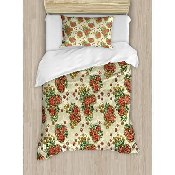 Orange Duvet Cover Set, Floral Themed Autumn Fall Season Background with Flowers Design Print, Decorative 2 Piece Bedding Set with 1 Pillow Shams, Twin Size, Orange and Olive Green, by Ambesonne