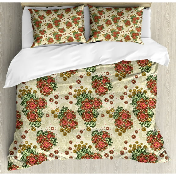 Orange Duvet Cover Set, Floral Themed Autumn Fall Season Background with Flowers Design Print, Decorative 3 Piece Bedding Set with 2 Pillow Shams, Queen Size, Orange and Olive Green, by Ambesonne